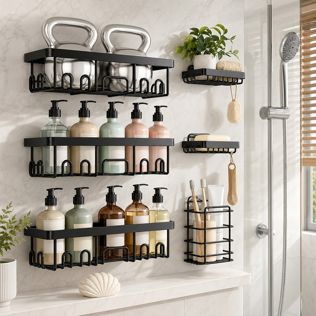 Shower Caddy Organizer Set 6 Piece No Drilling - Adhesive Wall Mounted Bathroom Storage Rack 13 Inch Toilet Paper Holder Soap Dish Toothbrush Holder Shower Shelf | Black | Kitchen  - product image 12