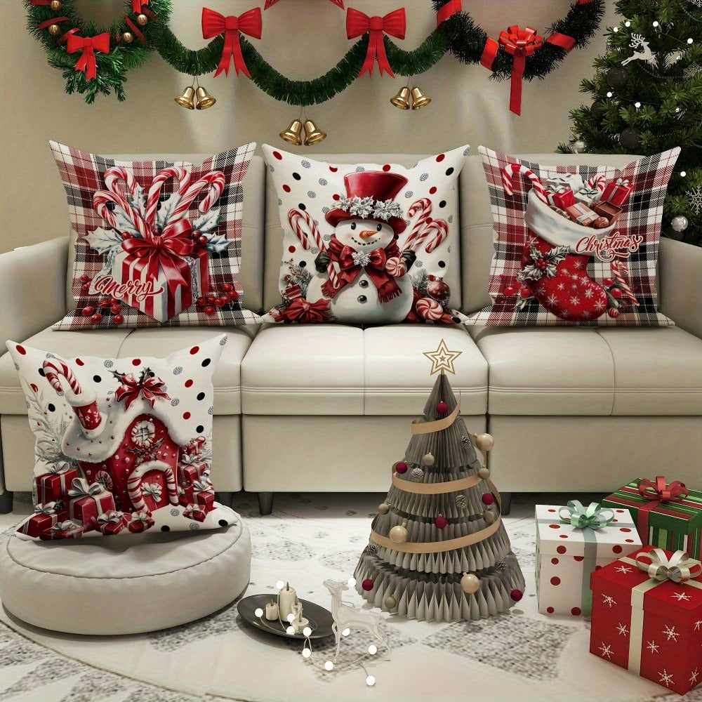 Christmas Throw Pillow Covers 4pcs Set - Snowman Candy Cane Buffalo Plaid Polyester 18x18in Decorative Cushion Covers with Zipper for Holiday Winter Living Room Bedroom Sofa Bed De - product image 5