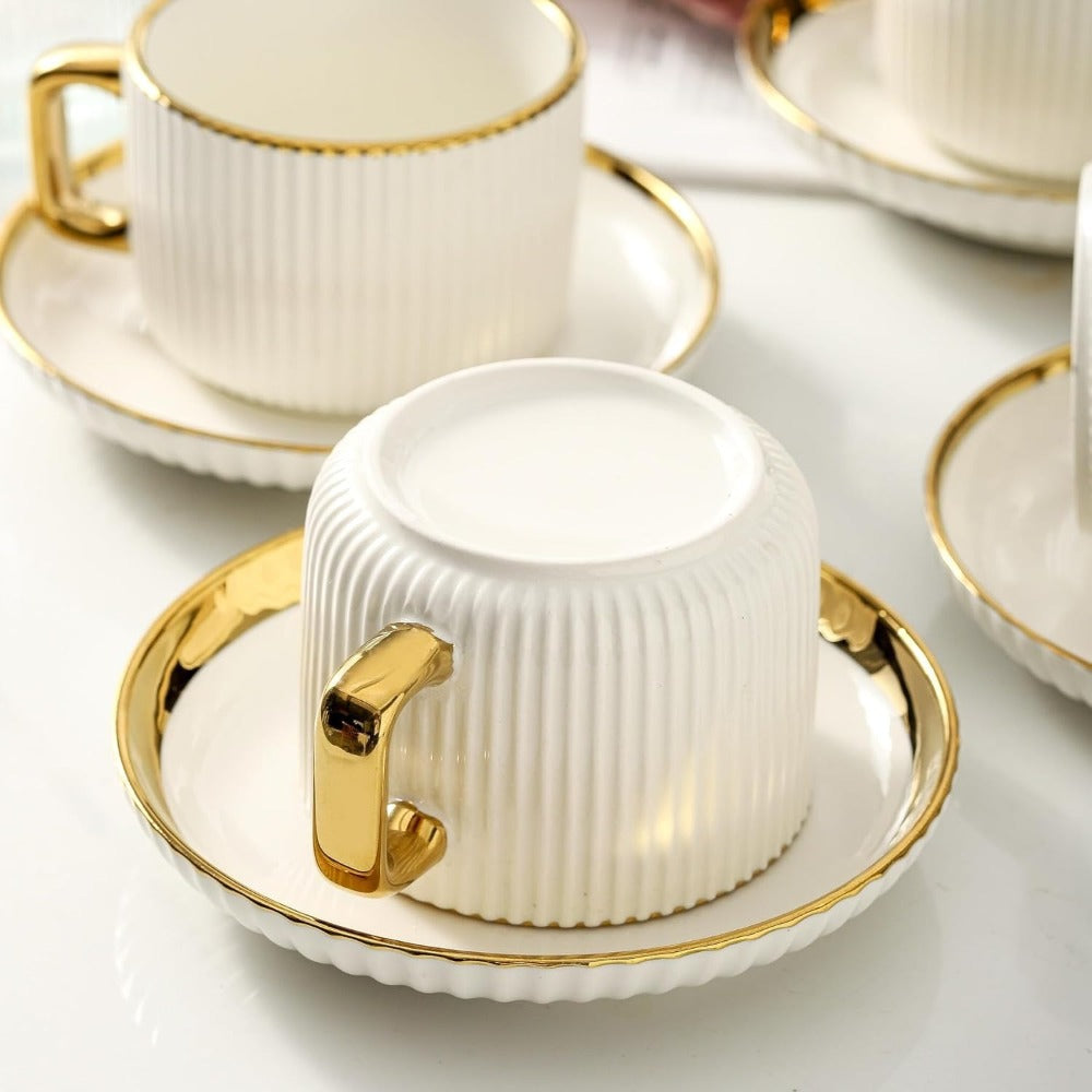 Ceramic Cappuccino Cups with Saucers Set of 6 – 8oz Coffee Mugs with Golden Trim, Latte Art Cups for Espresso Mocha, British Italian Style Café Cups and Saucer Sets for Home Kitche - product image 6