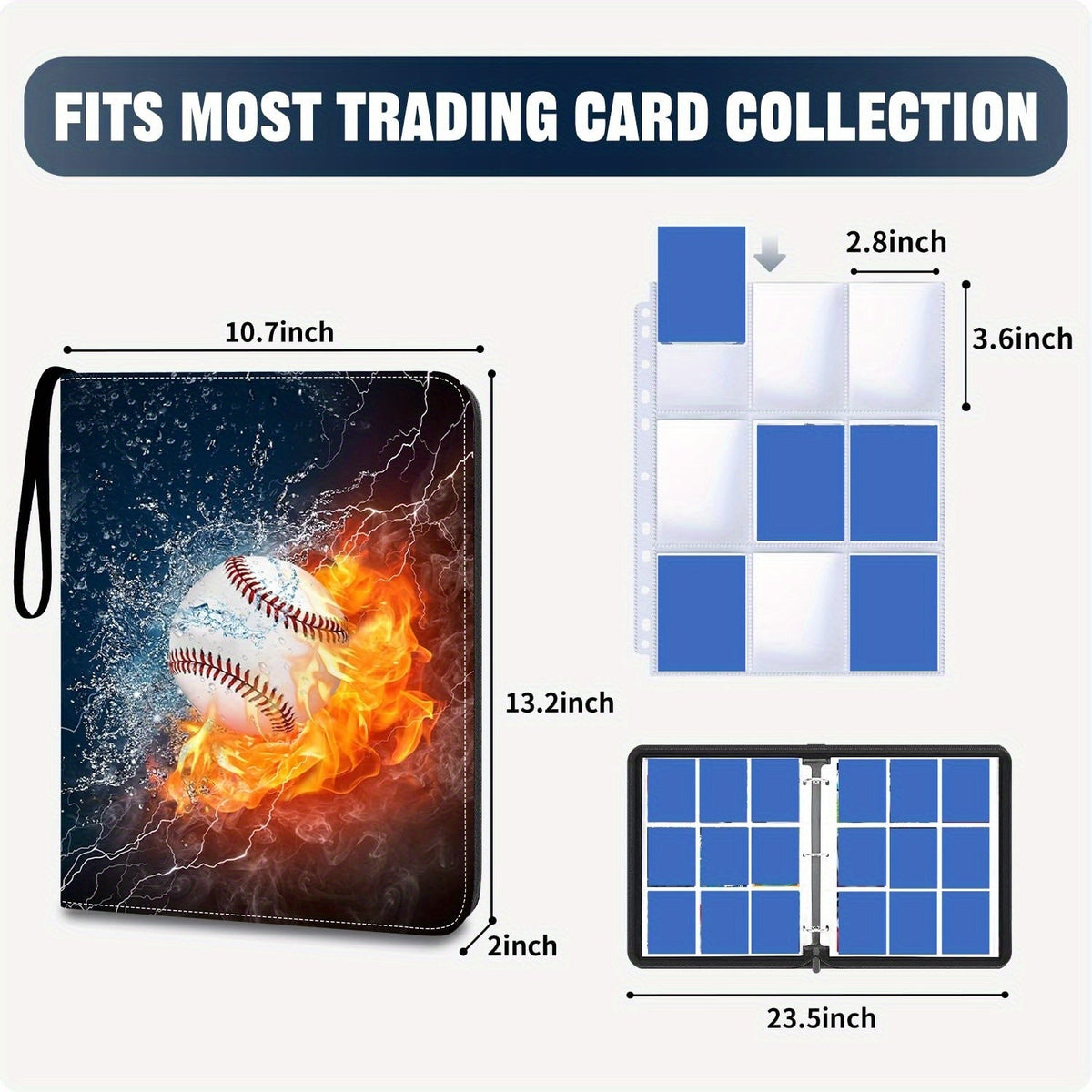 Trading Card Binder 900 Card Slots 9-Pocket 50 Pages PU Waterproof Zipper Closure 3-Ring D-Ring Removable Sheets for Baseball Football Basketball TCG MTG - product image 2