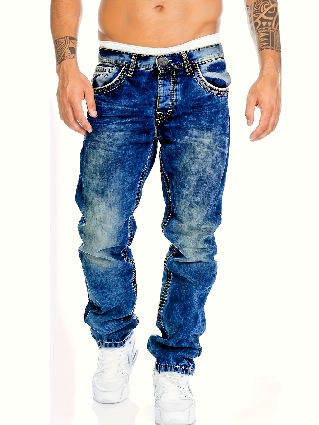 American Snowflake Washed Men's Jeans, Fashionable and Versatile Straight Pants, Elastic Jeans Suitable for All Seasons Pantalones Para Hombres Mens Clothes - product image