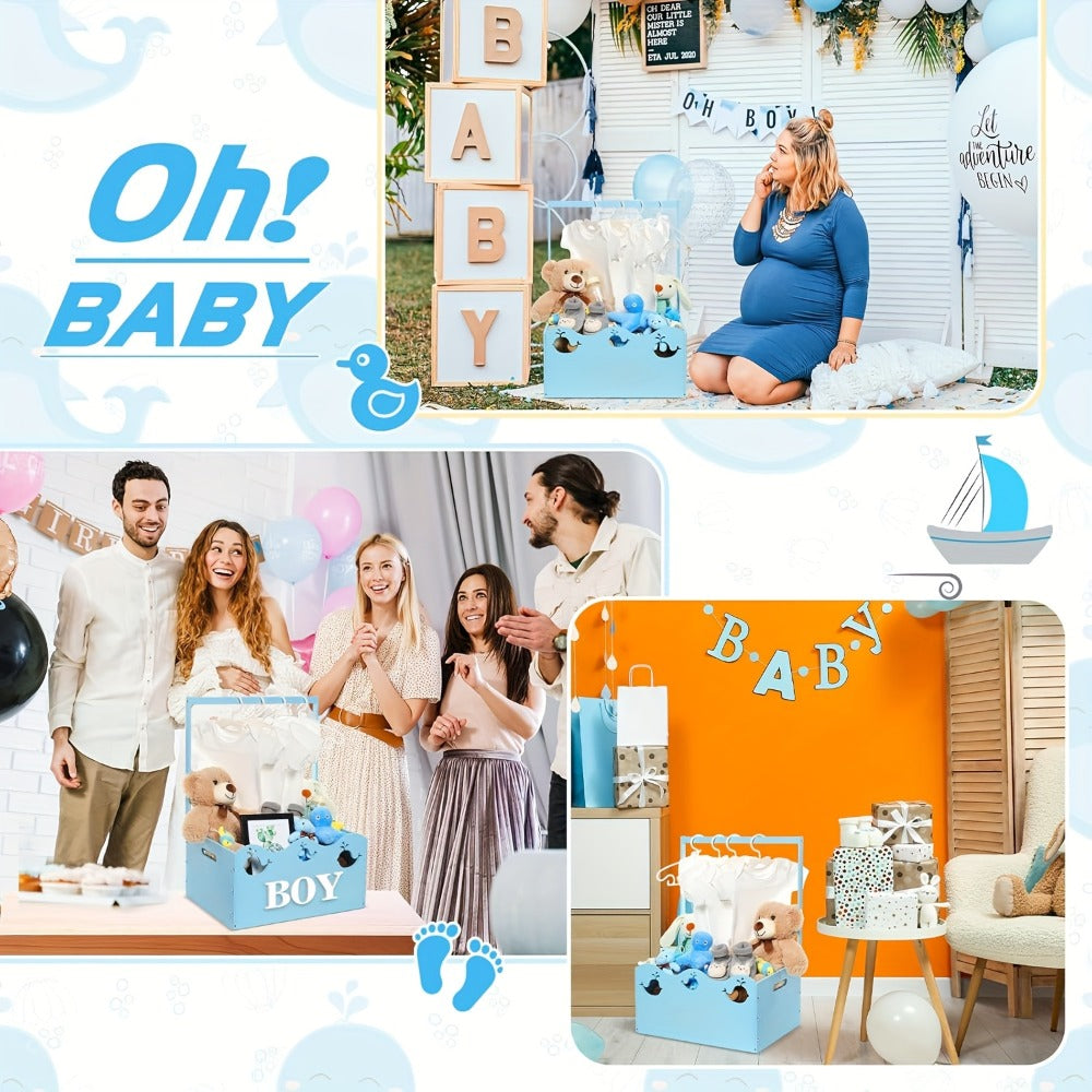 Wooden Baby Shower Gift Basket Crate with Handle Storage Hamper Baby Registry Gift for New Parents Nursery Organizer Pink Butterfly Blue Whale Pregnancy Gift - product image 8