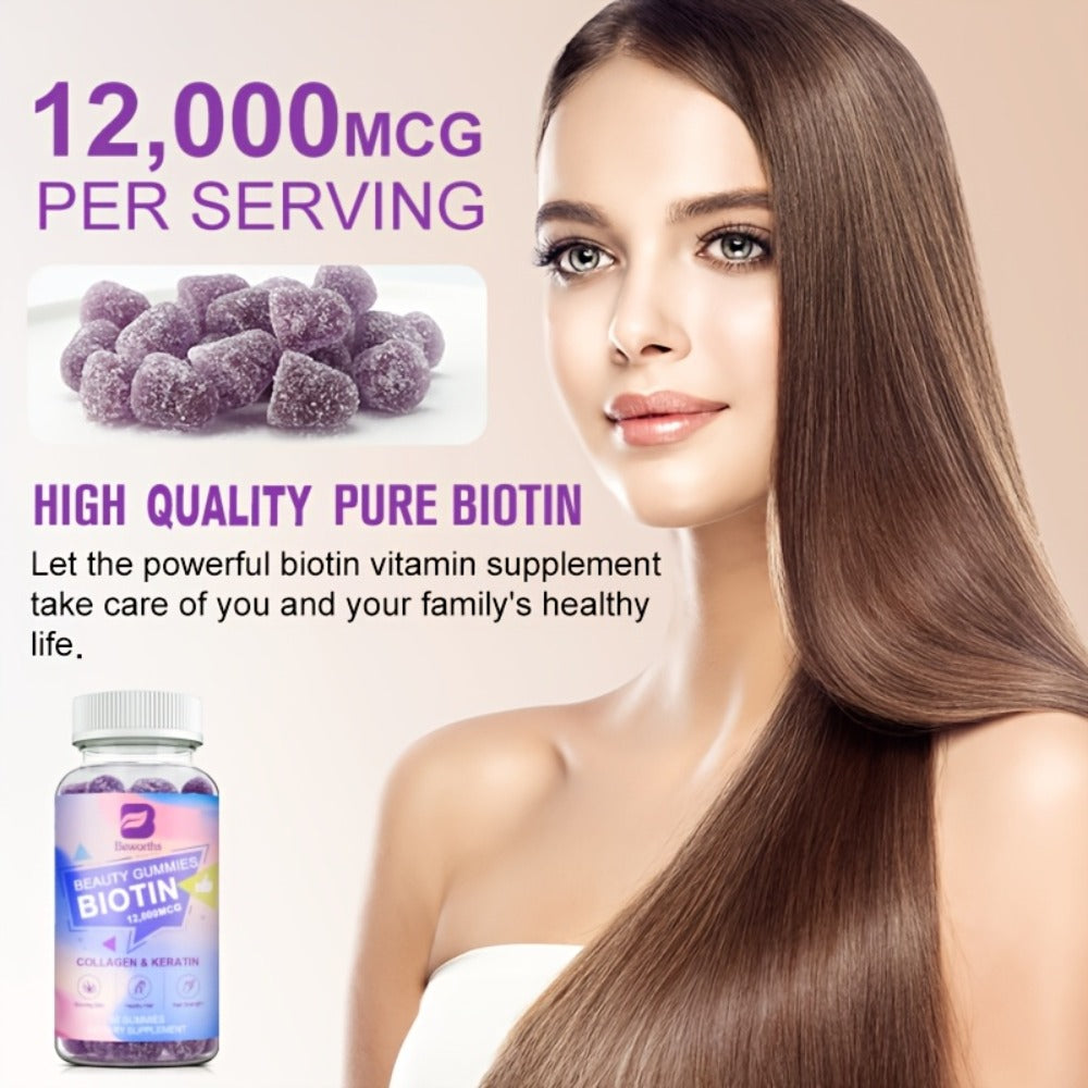 Biotin Gummies 12000mcg — with Collagen, Keratin, Chlorophyll, Zinc & Vitamins A B6 B12 C D E | Hair, Skin & Nail Support for Women & Men | 60 Gummies - product image 6
