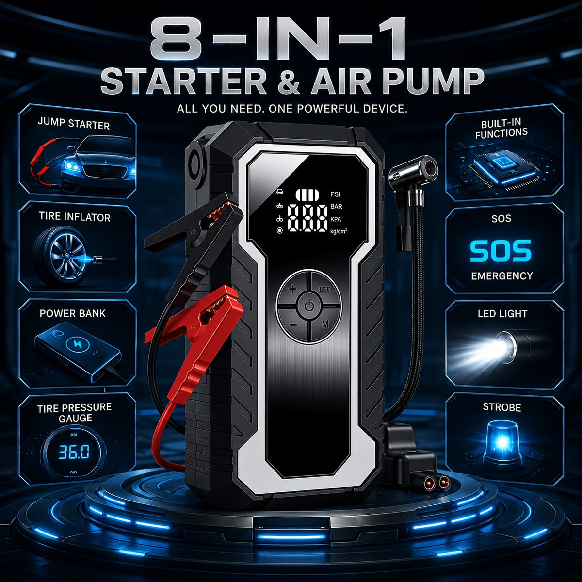 Portable Tire Inflator with Digital Pressure Gauge, Portable Air Compressor, 150PSI/210 PSI, 22 Cylinders, Built-In 12V Car Emergency Jump Starter and Battery - product image 22