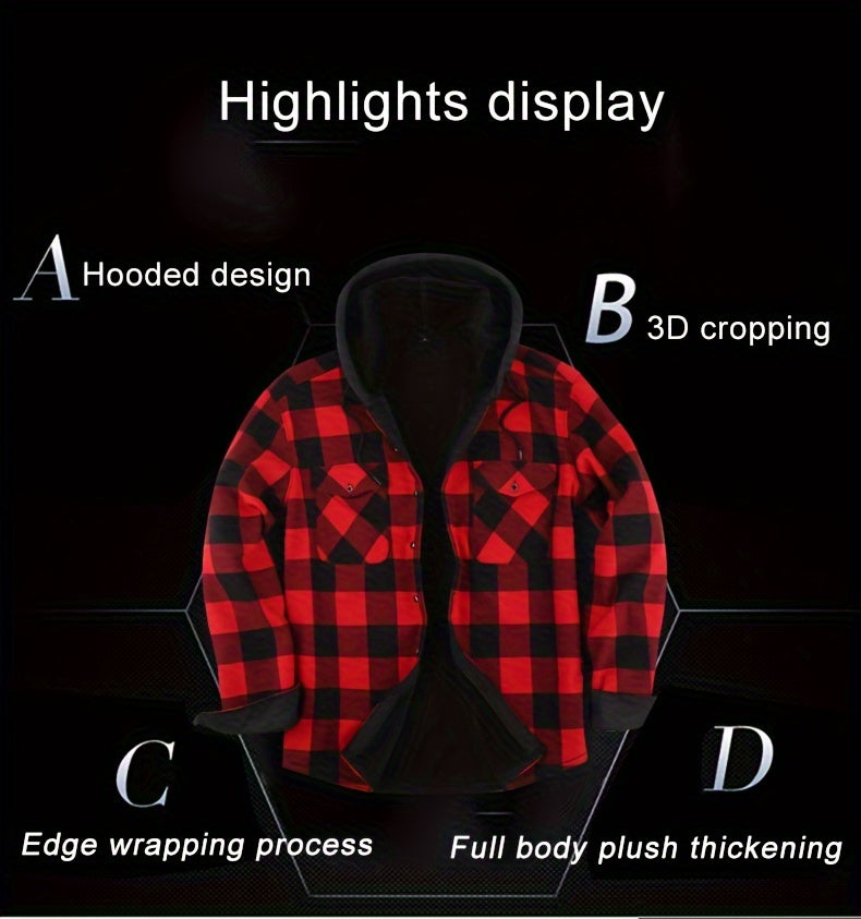 Men's Plaid Hoodie - Casual Long Sleeve Polyester 100% with Button Detail, Regular Fit, Slight Stretch, Woven Placket - Autumn and Winter Warm Leisure Sports - product image 11