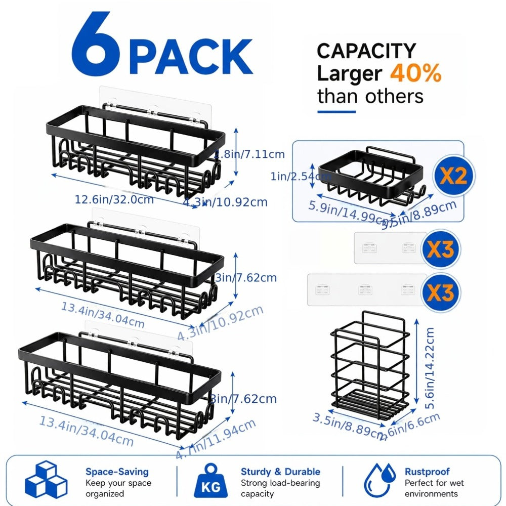 Shower Caddy Organizer Set 6 Piece No Drilling - Adhesive Wall Mounted Bathroom Storage Rack 13 Inch Toilet Paper Holder Soap Dish Toothbrush Holder Shower Shelf | Black | Kitchen  - product image 6