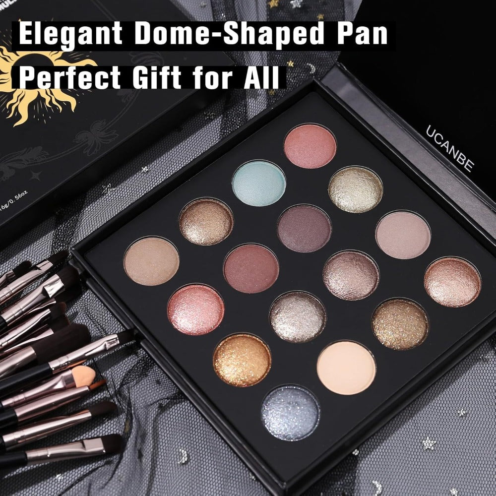 16-Color Eyeshadow Palette with 15 Brushes Complete Kit — Baked Matte Shimmer Metallic High Pigment Waterproof Long-Lasting Nude Coral Tones Eye Makeup Set for Women & Girls - product image 6