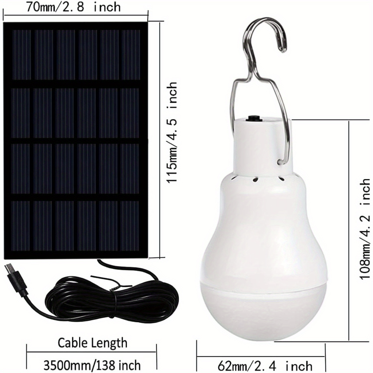 110 Lumen 12 LED, 800mAh Rechargeable, 6000K Daylight, Carry-along Hanging Lamp for Garden, Yard, Garage, Chicken Coop & Tent Camping, 2/4 Pack | Outdoor Solar Light Bulb with 3.5M Cable