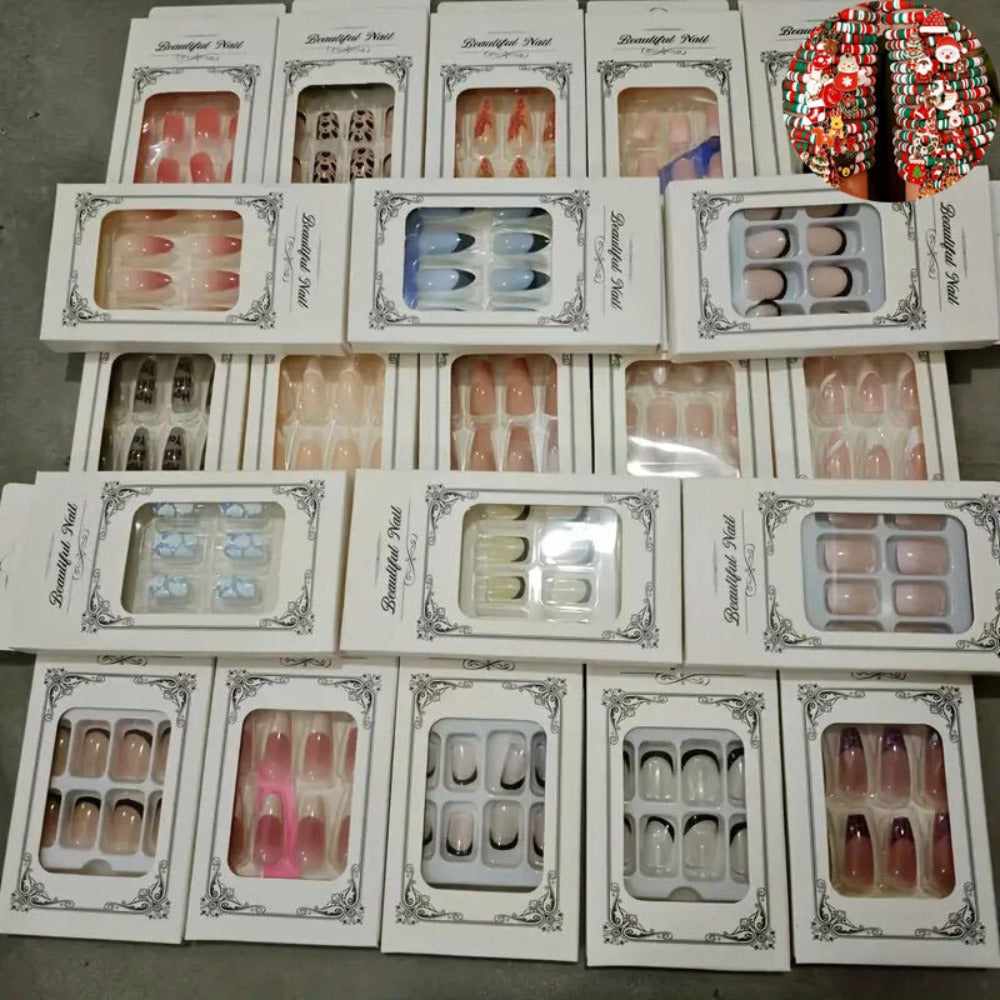 Rhinestone Press On Nails 216 Pieces 9 Sets Random Mixed Color – Glossy Full Cover Middle Length False Nails for Women Girls | Glamorous Holiday Christmas Party Nail Art Kit - product image