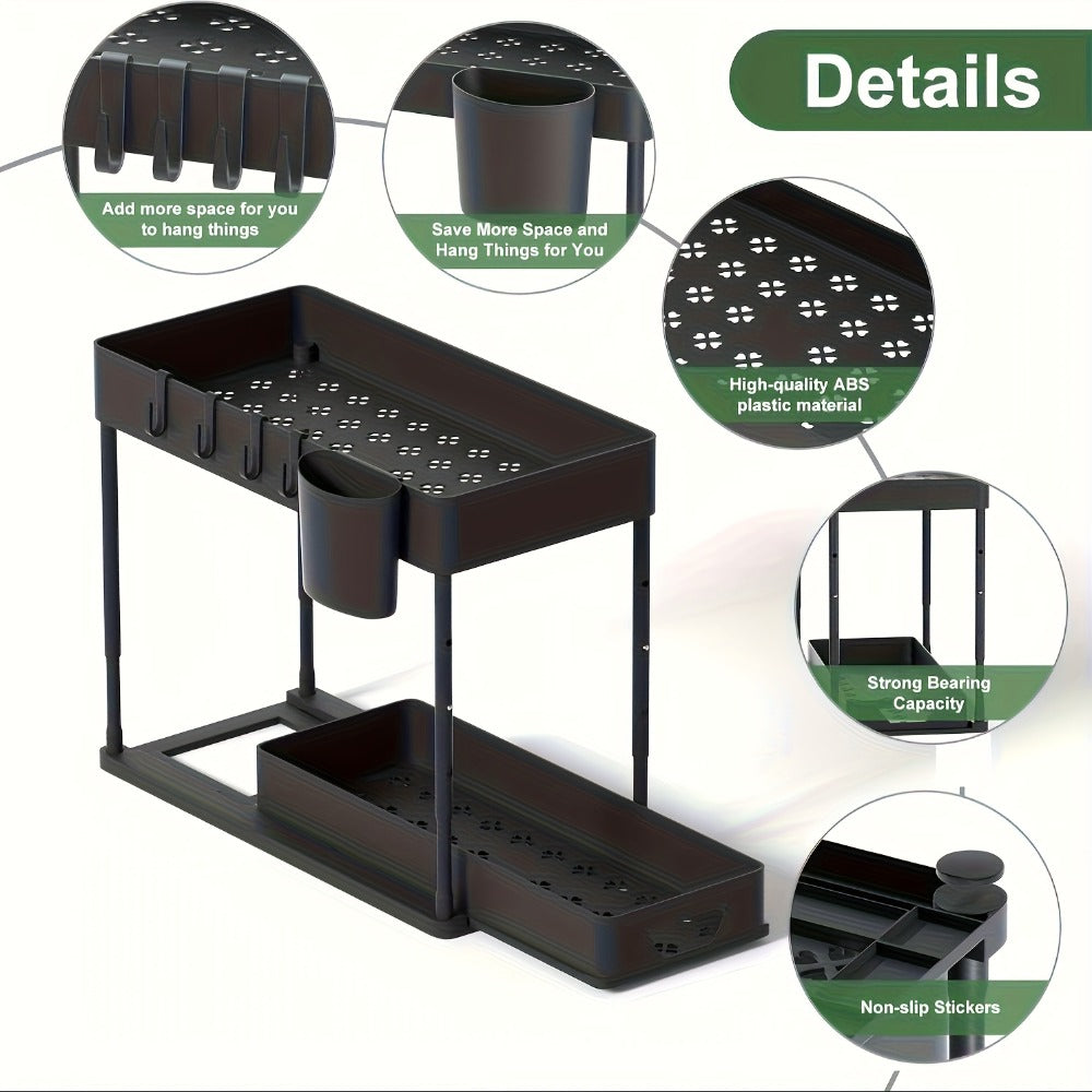 Under Sink Organizer 2-Tier Sliding Cabinet Basket with Hooks – Adjustable Bathroom Kitchen Shelf Storage Rack for Cabinets - product image 11
