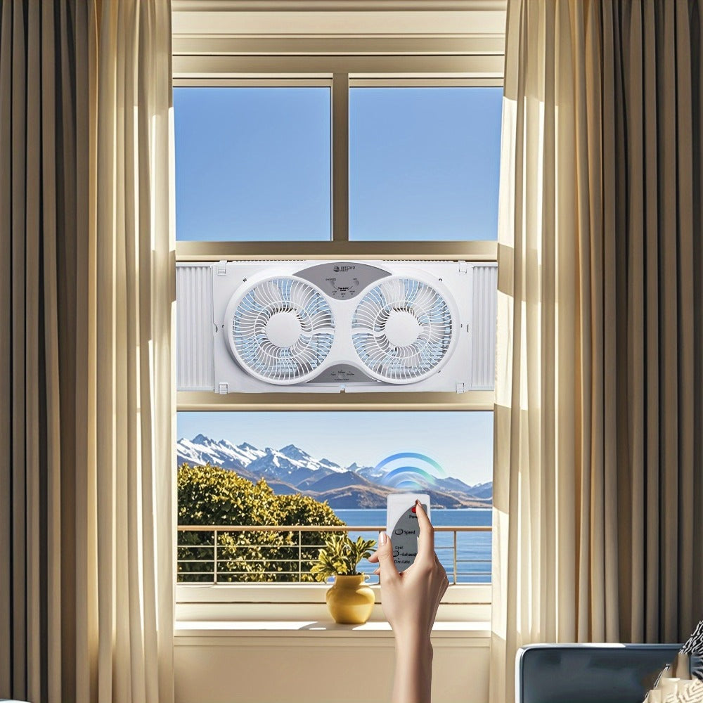 Window Fan Twin 9-Inch with Remote Control, Reversible Airflow Blades In/Out Exchange, 3 Speed Settings, Built-In Extender Panels, Quiet Digital Window Fan for Bedroom Home Office, - product image