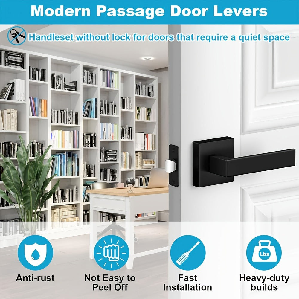 Matte Black Square Door Handle Set – Interior Passage Door Knob for Hall & Closet, Heavy-Duty Left & Right Hand Compatible, Modern Hardware - product image 2