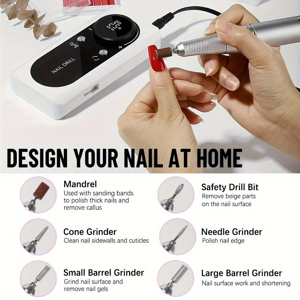 Nail Drill Machine 45000 RPM Brushless Motor 10-Hour Battery Electric Nail File with LCD Smart Screen 6 Drill Bits 6 Sanding Bands – Forward Reverse Low Noise Nail Grinder for Gel  - product image 13