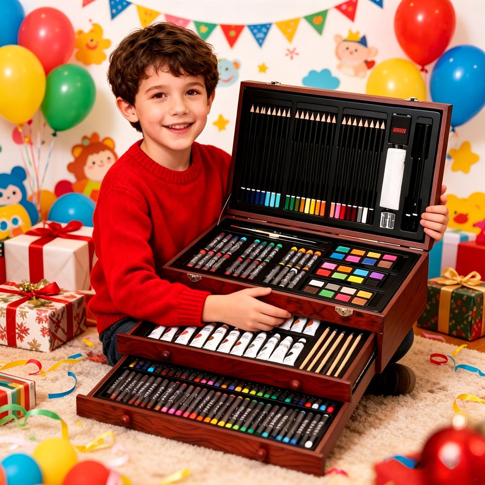 172 Piece Deluxe Art Set in Wooden Case with 2 Drawing Pads Crayons Acrylic Paints Colored Pencils Professional Art Kit Gift Box for Artists Beginners Ages 8+ Birthday Christmas for Festive Home Decor