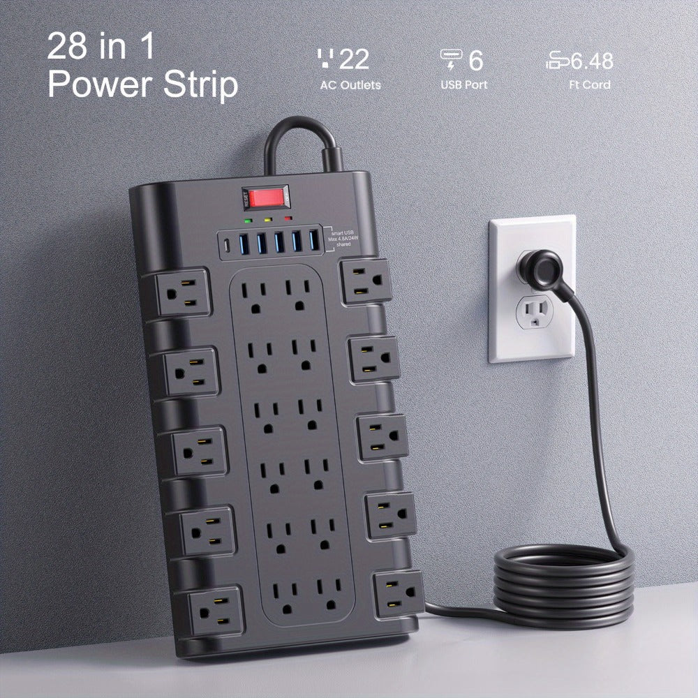 Power Strip Surge Protector 28-in-1 with 22 Widely Spaced Outlets 5 USB-A 2 USB-C Ports 2100 Joules Flat Plug Wall Mountable 6.48FT 14AWG Heavy Duty Extension Cord for Home Office - product image 3