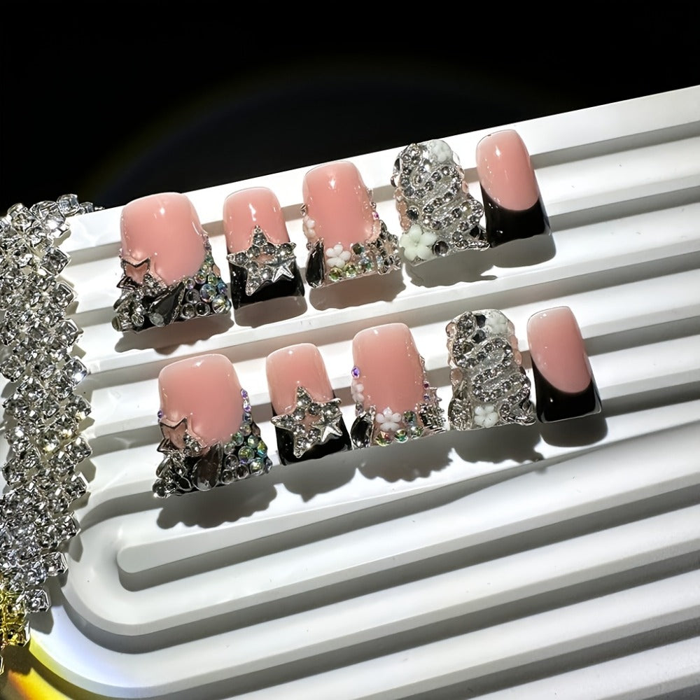 Short Press On Nails Black French Tip 10pcs Duckbill Silvery Snake Full Diamond Shiny Stars Handmade Reusable UV Protected Salon Quality for Wedding Party Birthday Gift False Nails - product image 2
