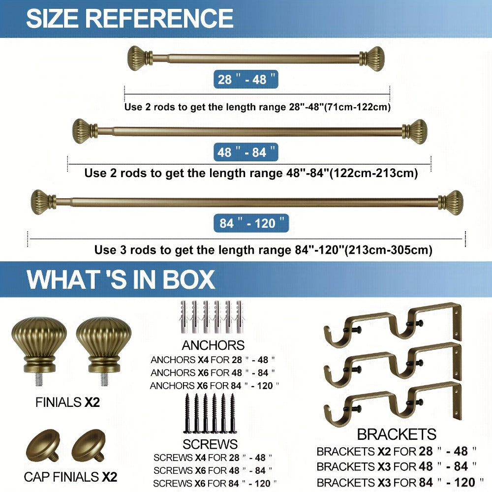 Double Curtain Rod Set Adjustable with Fluted Ball Finials Double Brackets 4 Colors 2 Sizes Window Curtain Hardware - product image 3