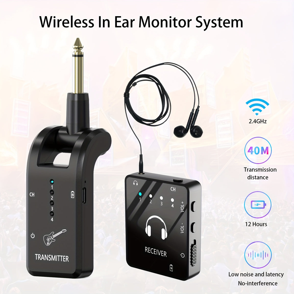 Wireless In-Ear Monitor System with IEM and Transmitter Clip Receiver, Can Be Paired Automatically, for Earphones, Guitars, DJ, Live Performance Supervision