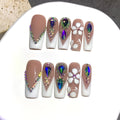 Press On Nails Square French Tip with AB Rhinestone & Handcrafted Floral Design – Nude White Glossy Luxury Nail Set 10pcs S/M/L for Wedding Bridal Party - product image 16