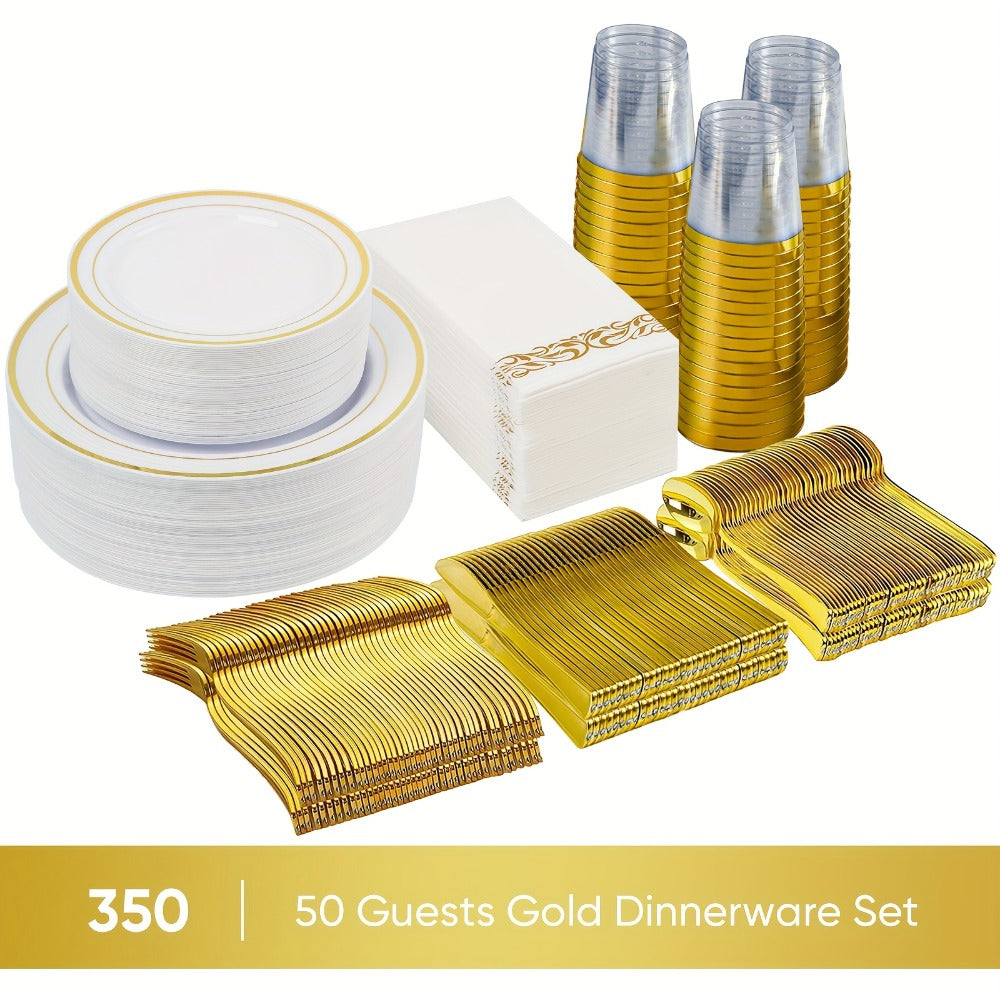 Disposable Party Dinnerware Set 350 700 Pieces Gold Silver Plastic Plates Salad Plates Cutlery Cups Napkins for 50 100 Guests Wedding Birthday Graduation Party - product image
