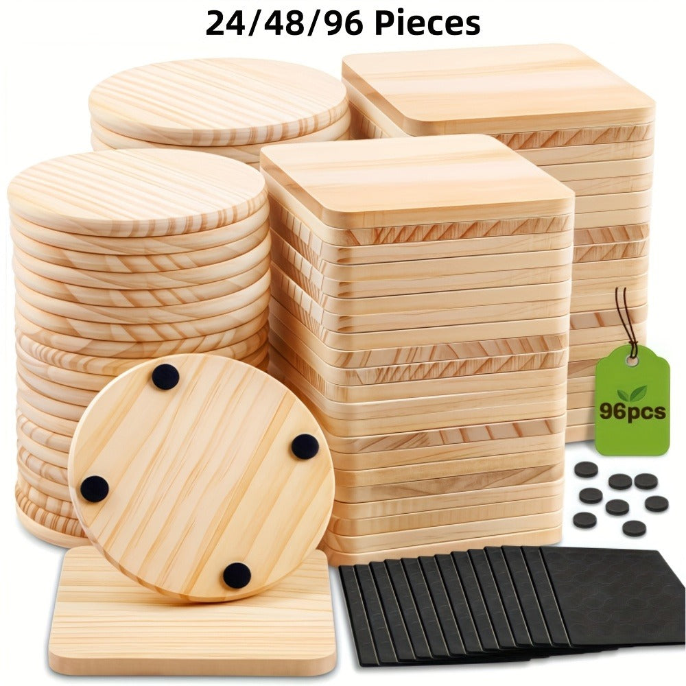 Unfinished Wood Coaster Blanks 4 Inch Round Square DIY Craft Supplies for Painting Engraving Burning with Non-Slip Felt Stickers Handmade Gift Home Decor Christmas Halloween Weddin - product image