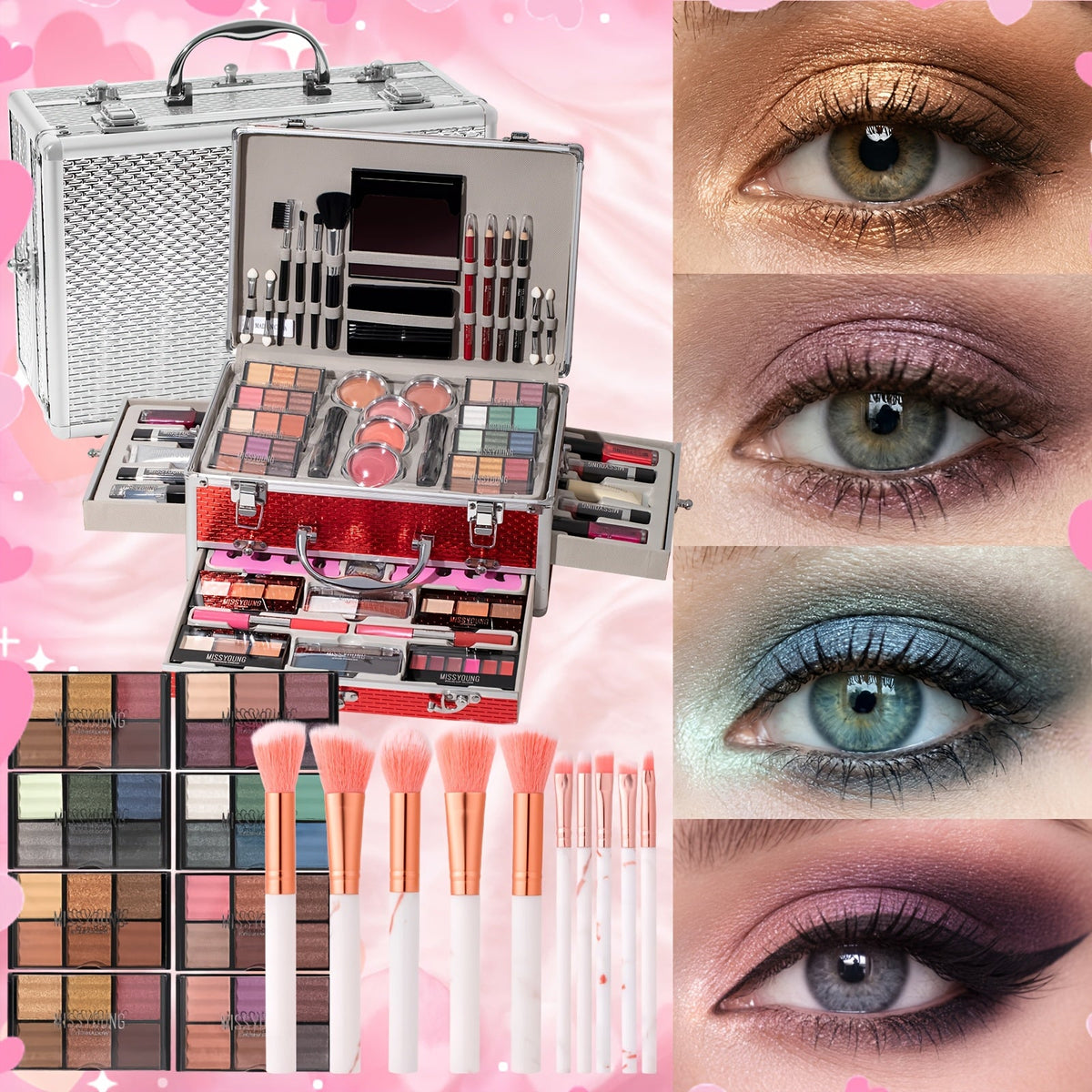 Professional Makeup Kit with Aluminum Travel Case & Mirror – Full Set Eyeshadow Blush Lipstick Foundation Eyeliner Mascara & Brushes, Gift for Women Girls Beginners, Silver & Red - product image 9