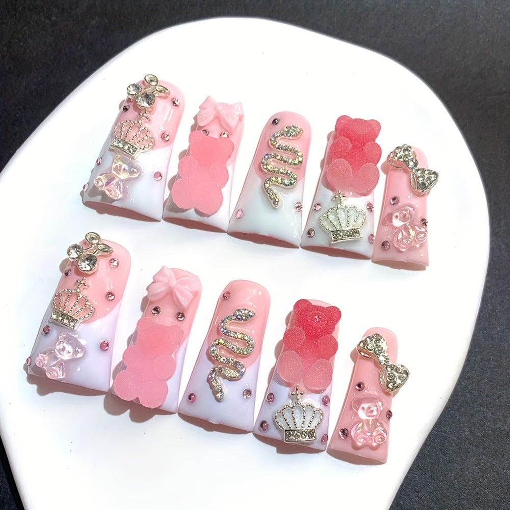 French Tip Press On Nails 10pcs Long Duckbill Pink White Glitter AB Glass Rhinestone – Cute Sugar Bear Cartoon Handmade Wearable False Nails for Wedding, Party, Back to School, Gif - product image