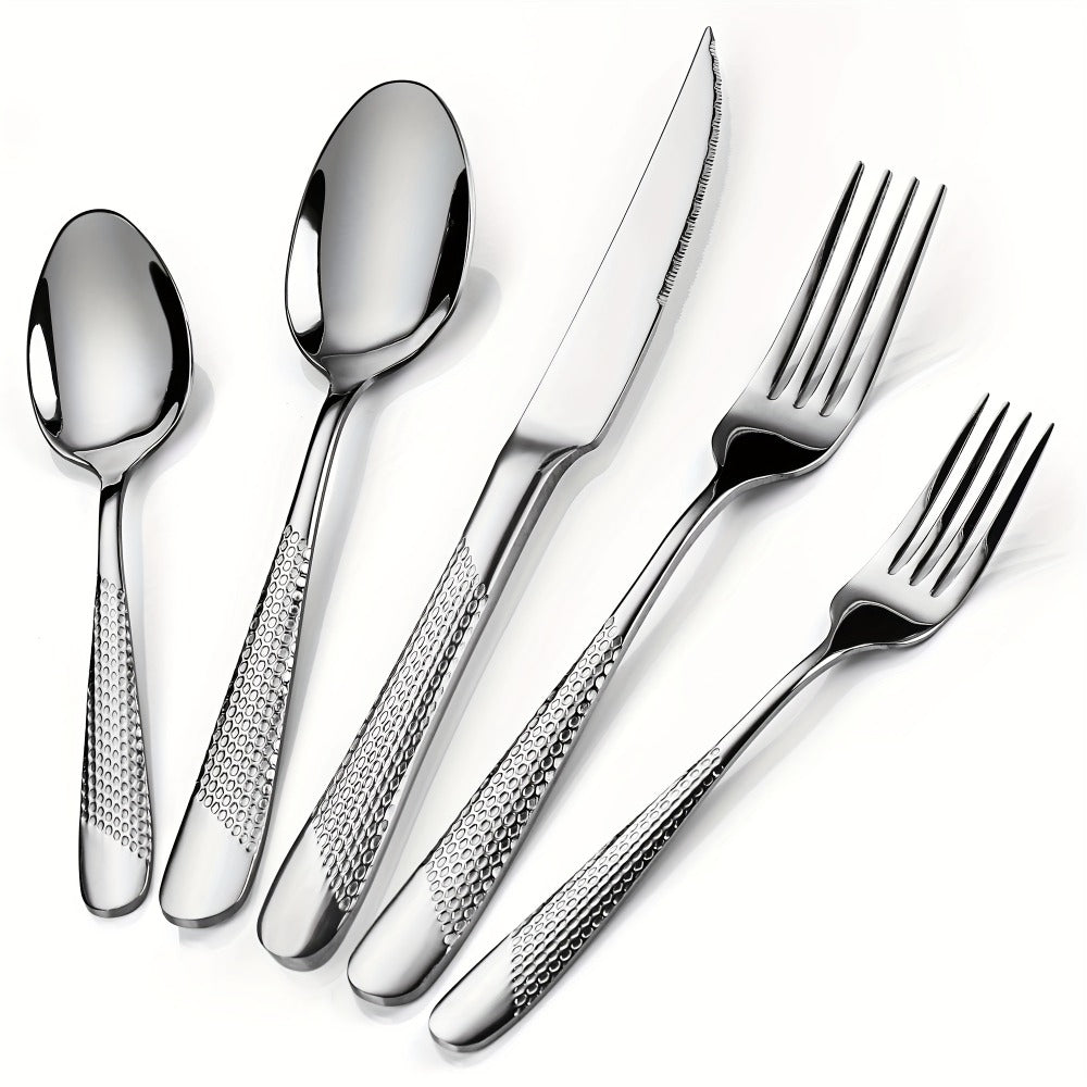 Stainless Steel Flatware Set 40/48 Piece – 304 Silverware Set for 8 Hammered Mirror Polished Rose Gold Cutlery with 2-in-1 Serrated Knife Dishwasher Safe Modern Utensils for Home R - product image