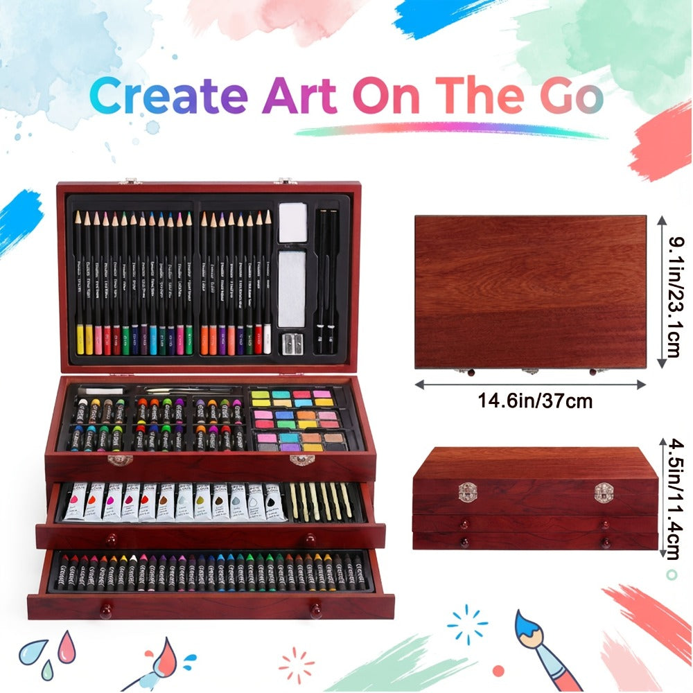172 Piece Deluxe Art Set in Wooden Case with 2 Drawing Pads Crayons Acrylic Paints Colored Pencils Professional Art Kit Gift Box for Artists Beginners Ages 8+ Birthday Christmas for Festive Home Decor