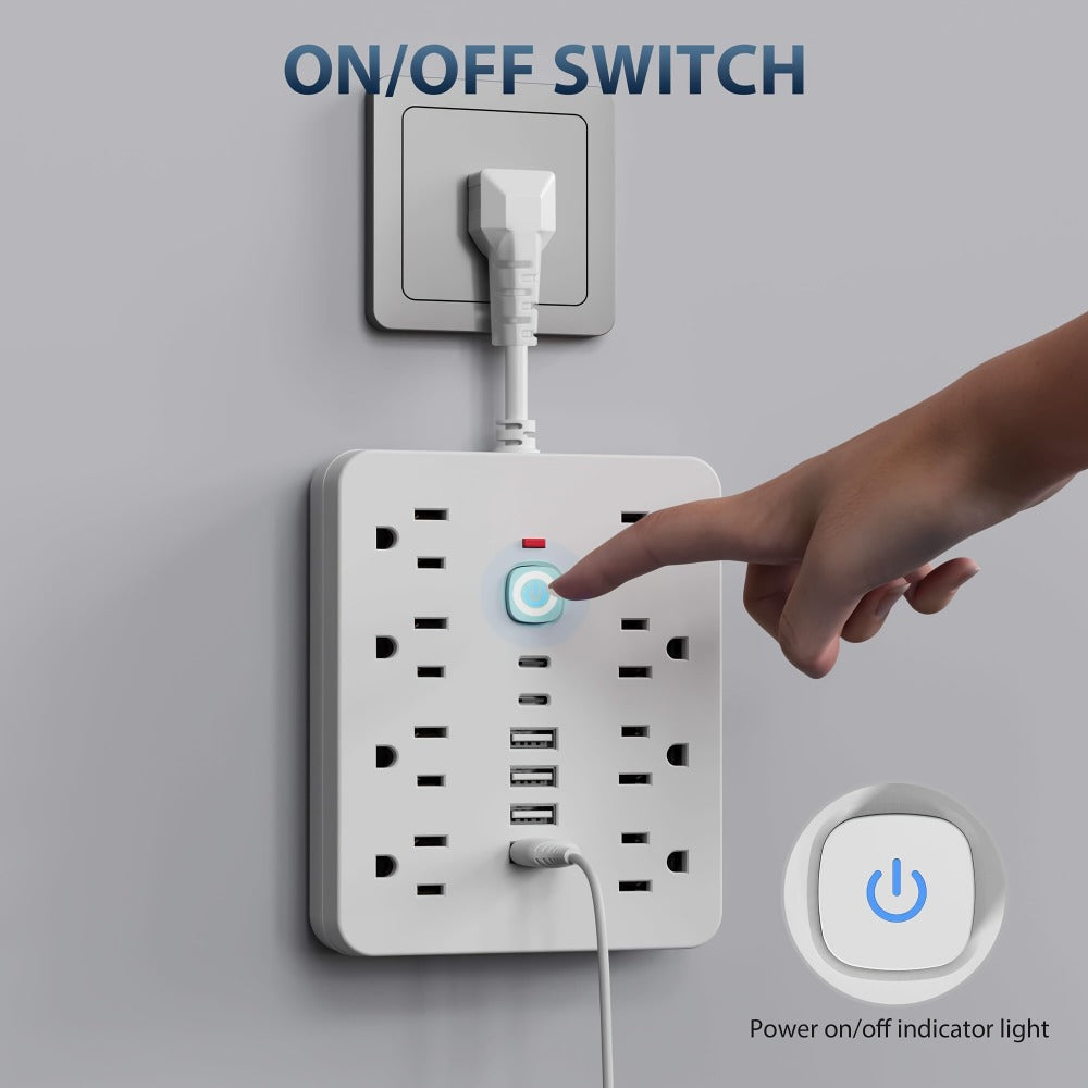Power Strip Surge Protector 14-in-1 with 8 AC Outlets, 4 USB & 2 Type-C Ports – Flat Plug Space-Saving Extension Cord, Compact Multi-Plug Outlet Expander for Home Office Desk & Kit - product image