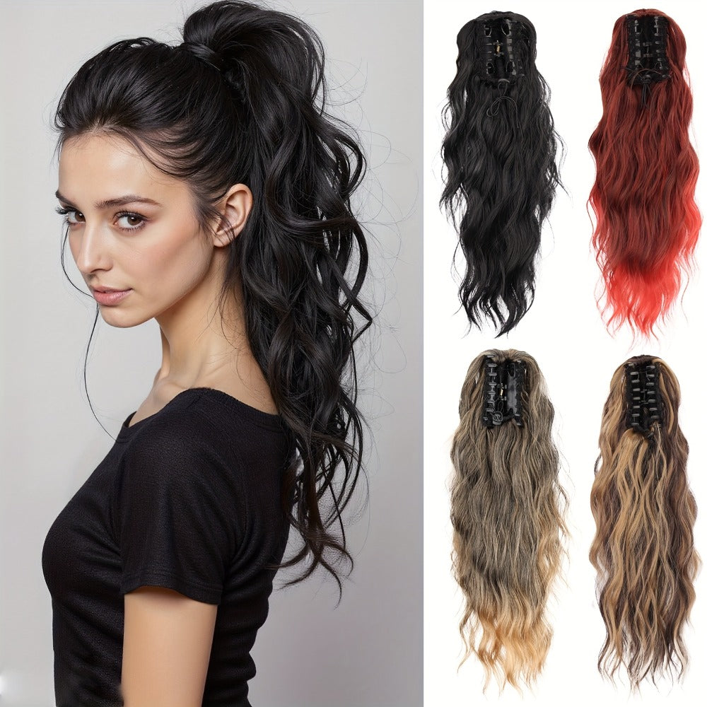 Water Wave Ponytail Extension 16 Inch Claw Clip – Heat Resistant Synthetic Voluminous Curly Hairpiece for Women | Daily Wear Party Wedding | Black Burgundy Brown Golden Multicolor - product image