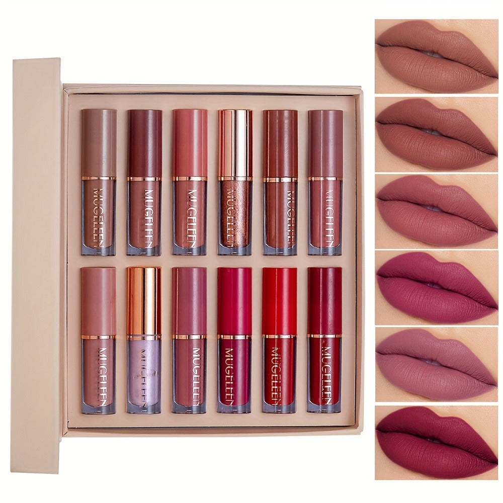 Lip Gloss Set 12 Pcs Matte & Pearlescent Lip Glaze Collection – Non-Stick Cup Long-Lasting Non-Fading Velvety Finish Lip Makeup Gift Set for Women Girls All Skin Tones - product image