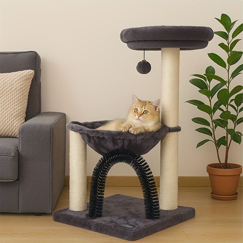 FluffyDream Indoor Cat Tree with Scratching Posts, Plush Basket, Top Perch & Dangling Ball, Sturdy Cat Tower with Grooming Brush for Kittens & Small Cats, Gray - product image
