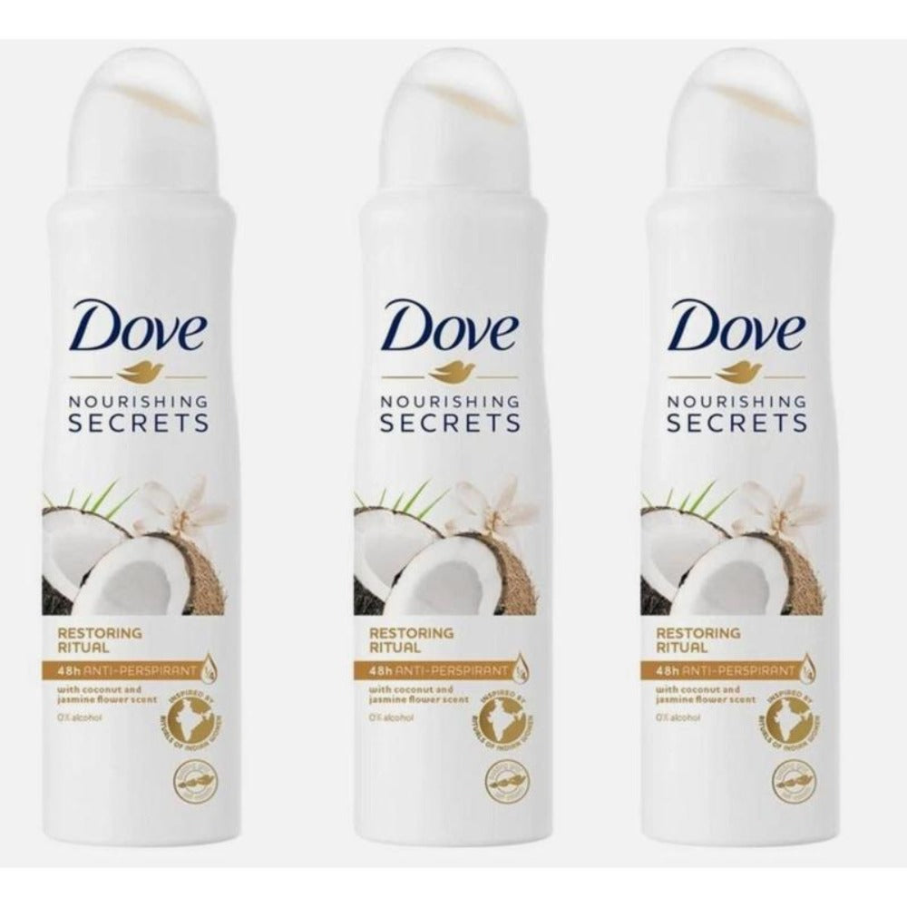 Dove Antiperspirant Deodorant Spray 3-Pack Coconut Jasmine Restoring Ritual 150ml Each – 48-Hour Sweat & Odor Protection with Moisturizing Formula for Women Tropical Fragrance Body - product image
