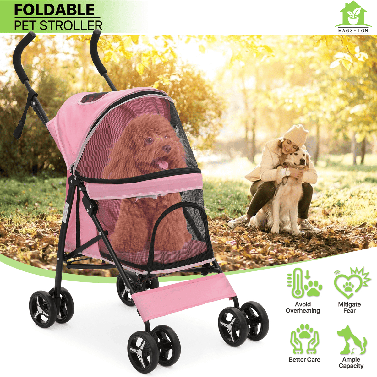 Pet Dog Cat Stroller with 4 Wheels | Foldable Jogger Pet Stroller for Small Medium Dogs & Cats up to 33 lbs, Breathable Mesh Windows, 360° Swivel Wheels, Cup - product image