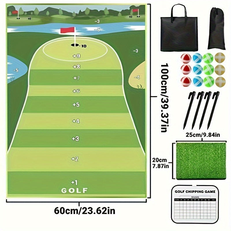 Golf Chipping Game Mat Set for Adults – Indoor Outdoor Golf Game Equipment with 12 Sticky Balls, 4 Ground Stakes, Score Card & 2 Storage Bags, Fun Golf Game for Home Backyard Office
