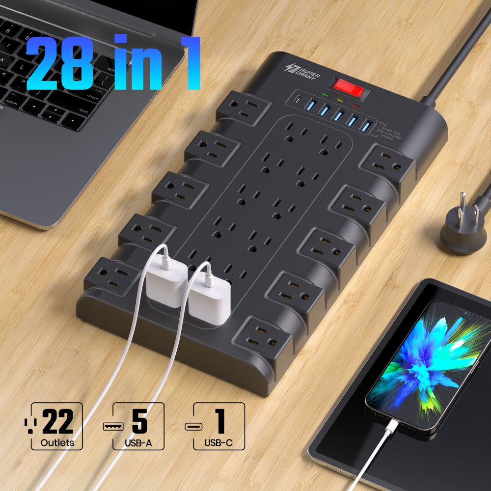 Power Strip Surge Protector 28-in-1 with 22 Widely Spaced Outlets 5 USB-A 2 USB-C Ports 2100 Joules Flat Plug Wall Mountable 6.48FT 14AWG Heavy Duty Extension Cord for Home Office - product image 10