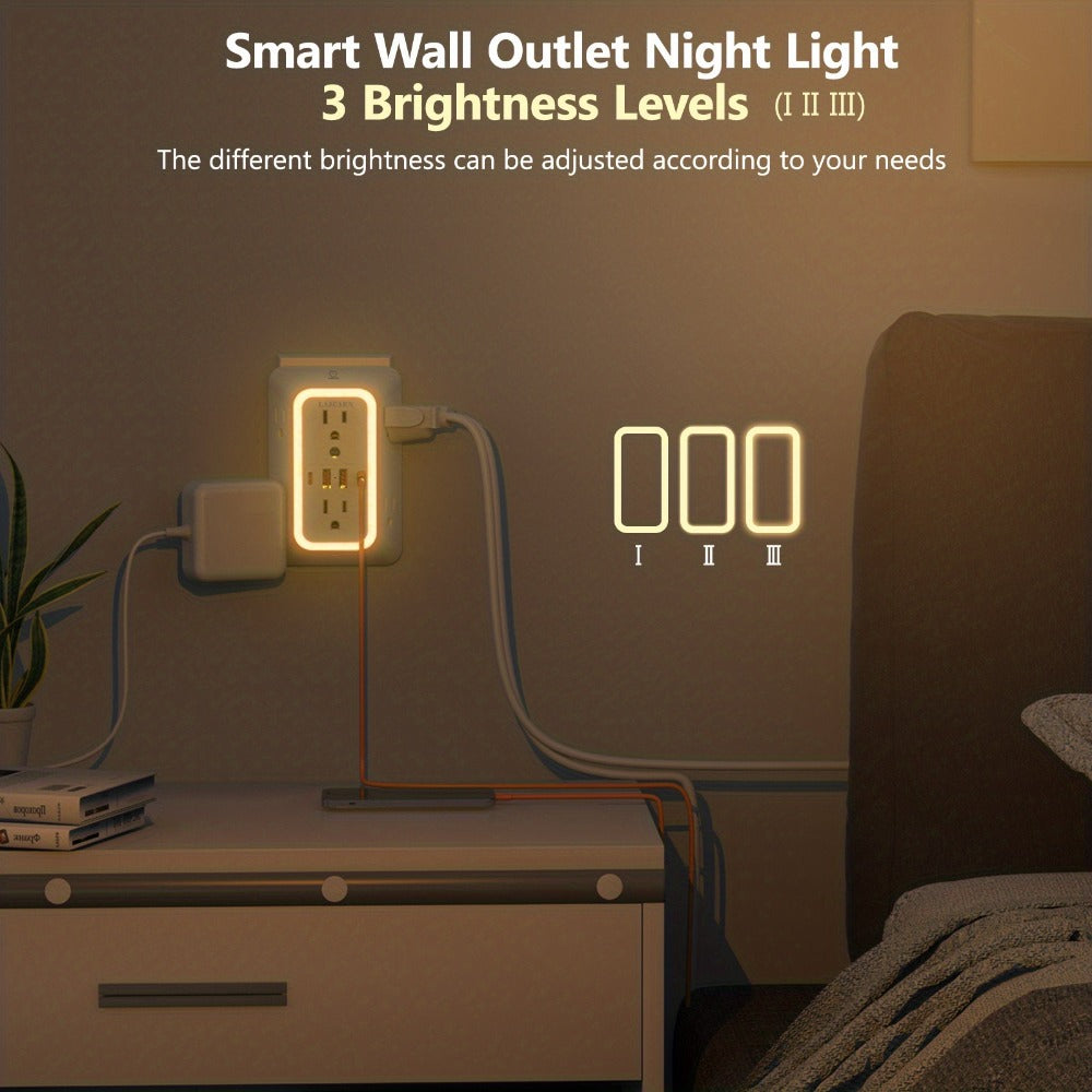 Outlet Splitter Wall Expander 10-in-1 with 6 AC Outlets 2 USB-A 2 USB-C Ports 3-Sided Plug Extender Surge Protector Night Light Compact Space-Saving Design for Home Dorm Apartment  - product image 14