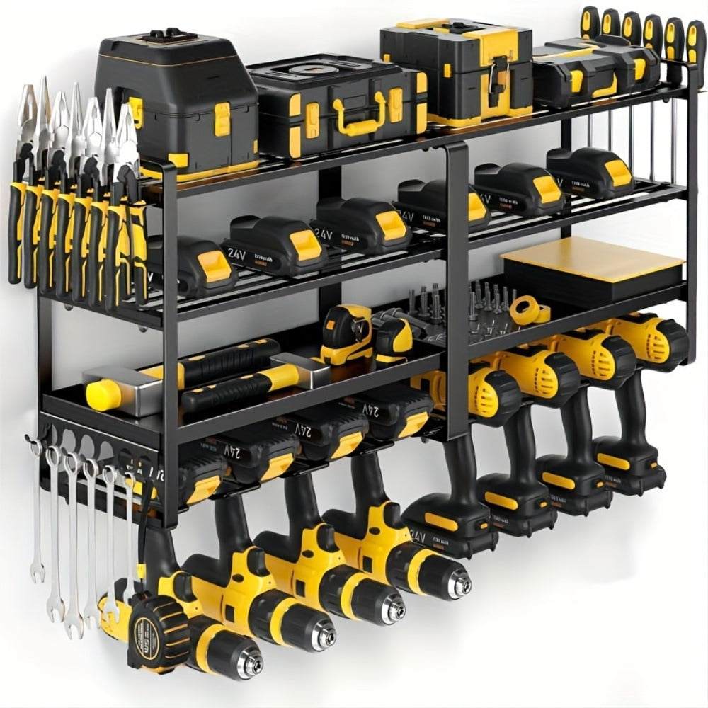Wall Mounted Power Tool Organizer Rack – Heavy Duty Metal Drill Holder with 2/3/4 Layer Floating Shelf | Garage Tool Storage for Cordless Drills, Screwdrivers & Power Tools | No El - product image