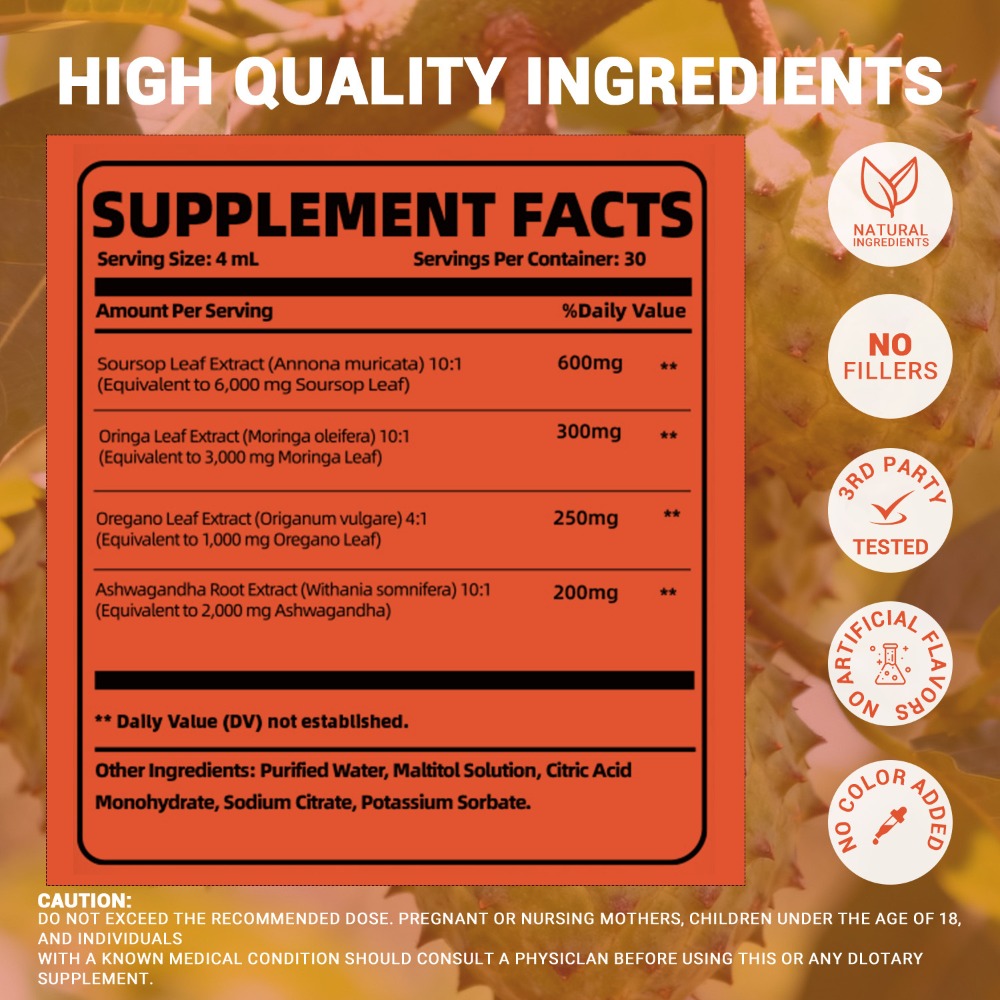 Soursop Bitters Liquid Herbal Supplement – Gut Health Support with Moringa, Oregano & Ashwagandha | Sugar-Free Vegan Formula for Sensitive Stomachs & Vitality | ShopVora UK - product image 2