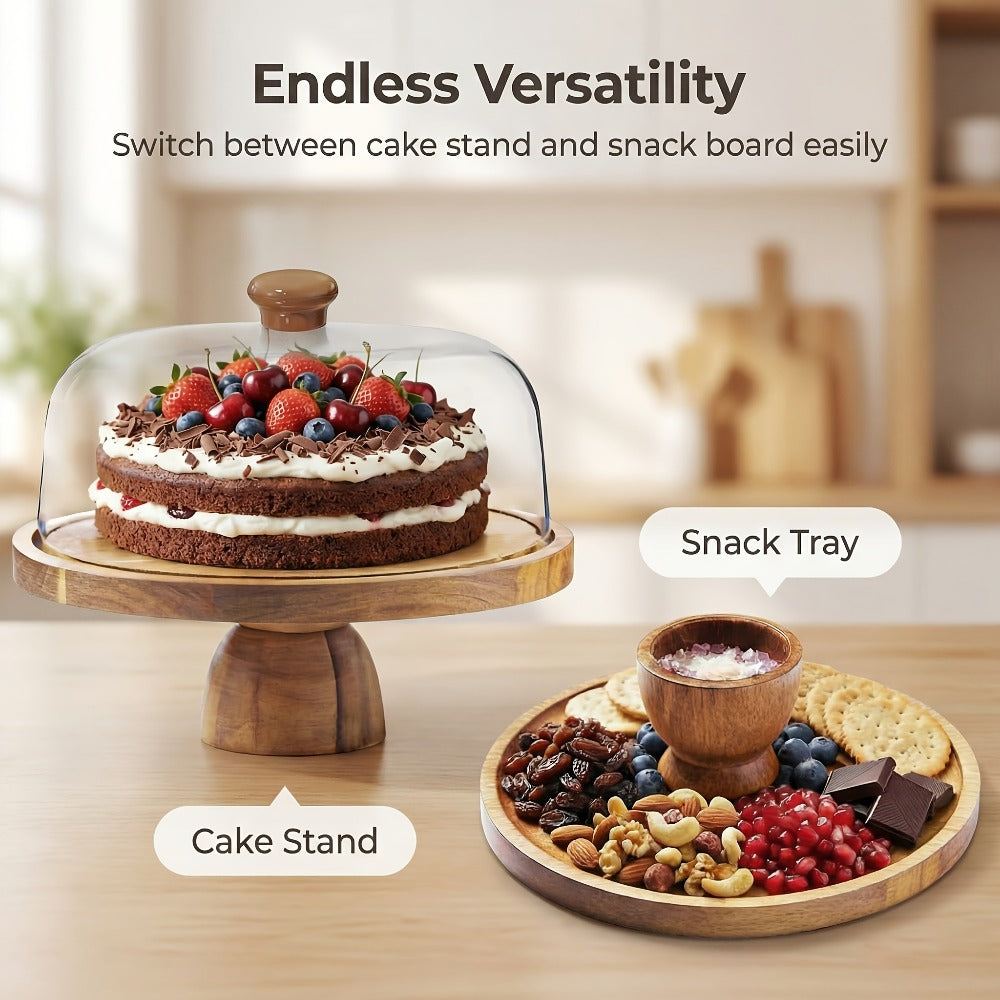 Cake Stand with Acrylic Dome Lid – Acacia Wood Serving Platter 2-in-1 Round Shatterproof Dessert Display Tray for Cheese Charcuterie Fruit Veggie Chips Party Table Centerpiece Holi - product image 2