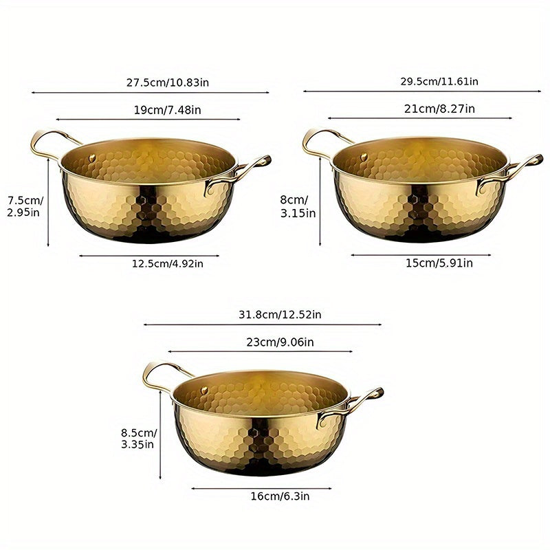 3-Piece Golden Stainless Steel Ramen Pot Set with Lids – Textured Surface Pots for Home Camping Outdoor Parties Picnics – Non-Stick Dishwasher Safe Cookware for Noodles Soups Curries