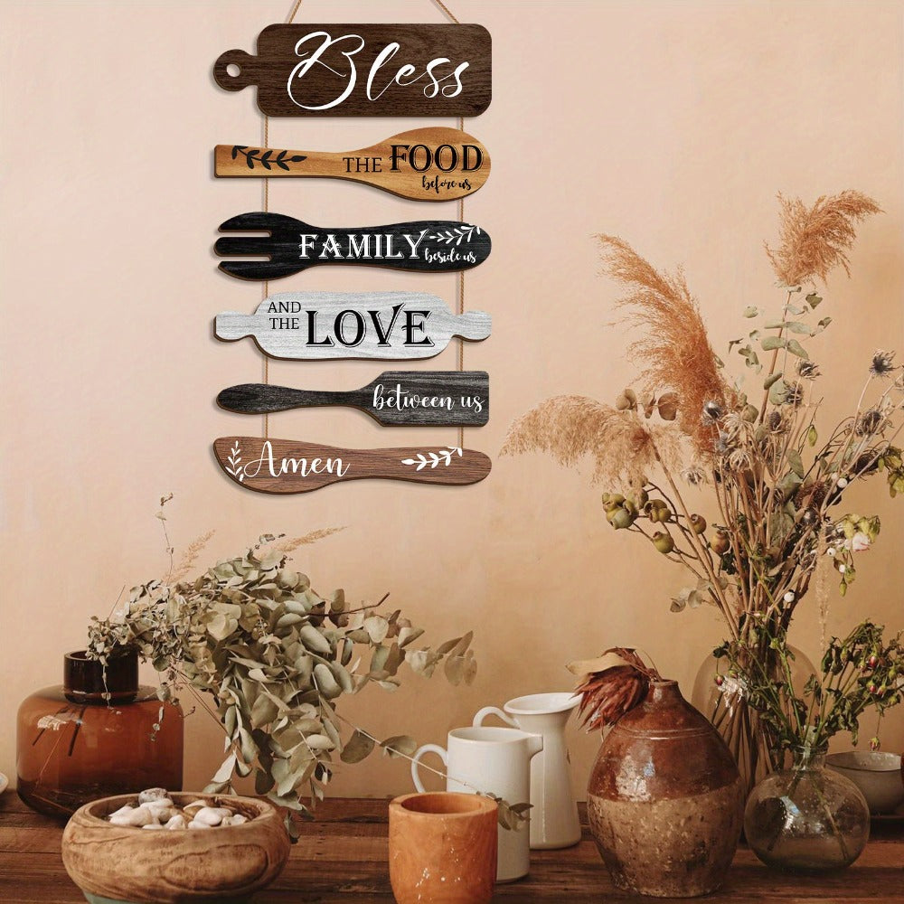 Farmhouse Wall Decor Wood Sign Set - "Bless The Food Before Us" Rustic Kitchen Dining Room Hanging Plaque, 6-Piece Rope Wood Board Art, Housewarming Thanksgiving Gift for Home - product image 6