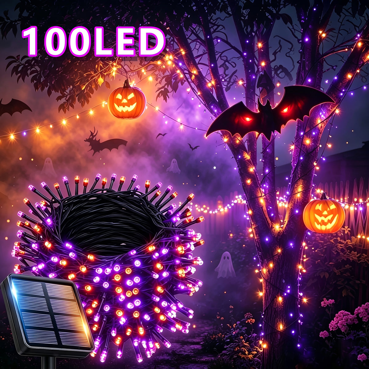 1 Pack of Solar Halloween String Lights, Spooky Vibe 39FT-100LED Fairy Lights in Orange And Purple for a Creepy Atmosphere, IP65 Outdoor Splash-Proof, Festive Hanging Lights Suitable for Christmas Yards, Gardens, And Camping Parties