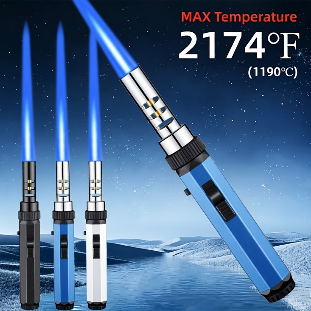 Windproof Jet Flame Torch Lighter with Safety Lock & Switch Lock, Large Adjustable Flame, Outdoor Torch for Campfire BBQ Baking Camping, Gas Not Included, Black Silver Blue - product image