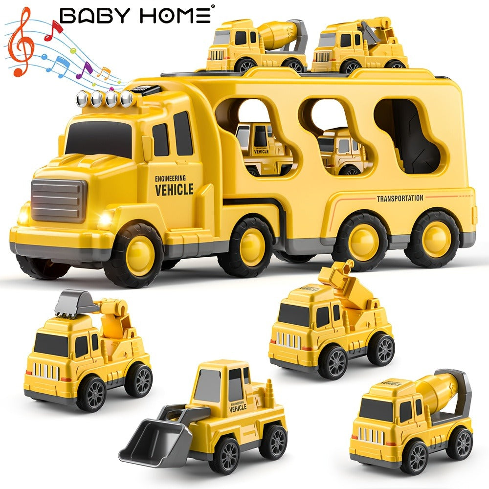 Construction Carrier Truck Toy Set for Kids Ages 3-7 | Large Transport Truck with 4 Mini Engineering Vehicles Excavator Crane Cement Mixer Bulldozer Friction - product image