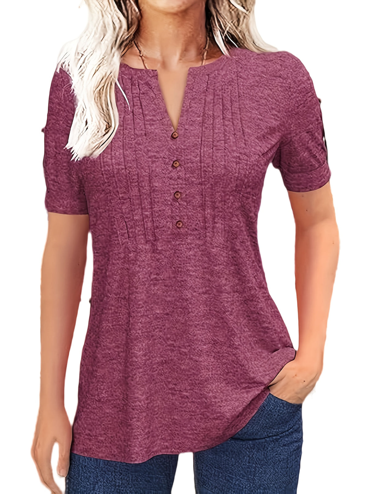 Casual Short-Sleeve T-Shirt for Women, Featuring a Pleated Design and V-Neck in Solid Colors, Perfect for Summer - product image