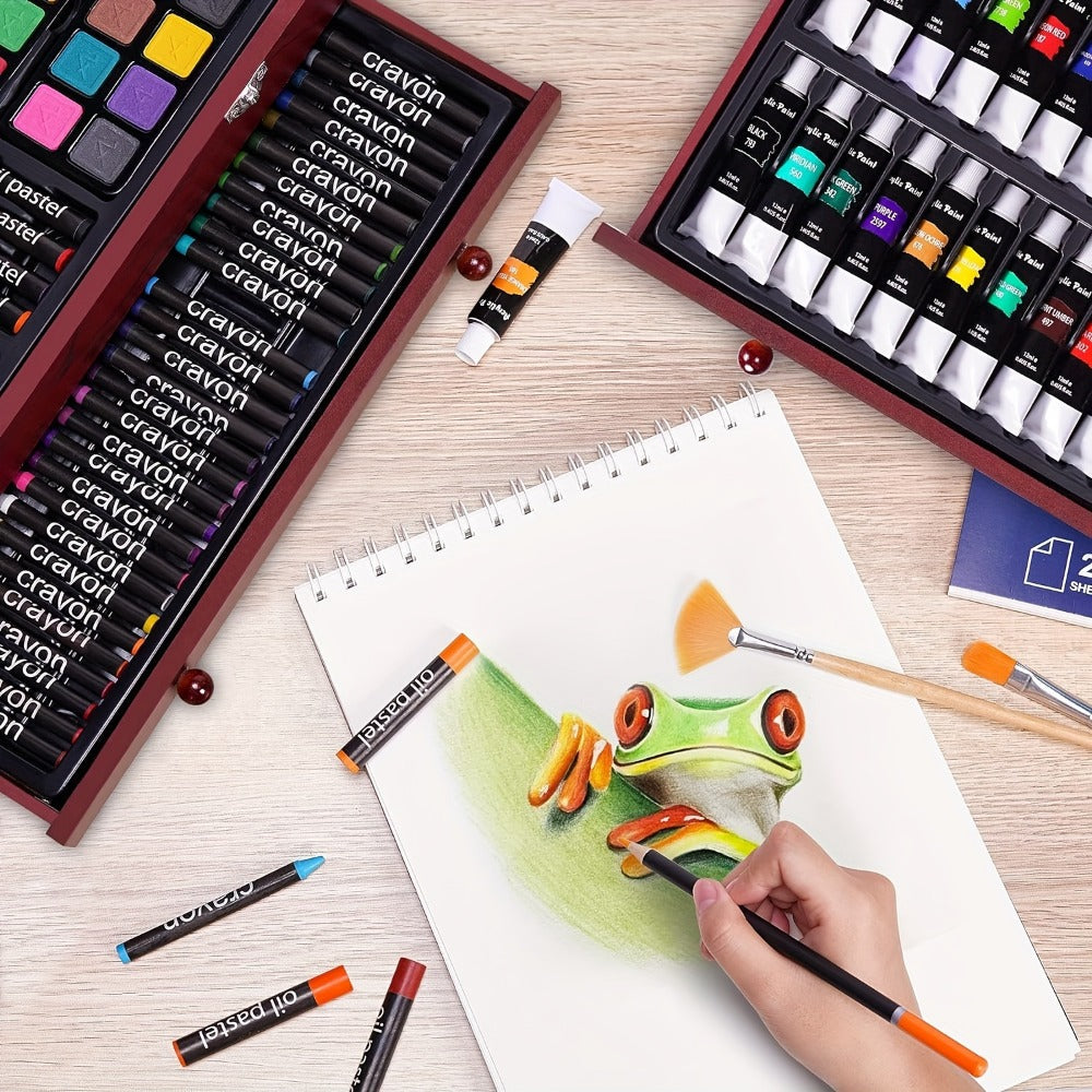 Drawing Pads Crayons Acrylic Paints Colored Pencils Complete Professional Art Kit Gift for Kids Teens Adults Birthday Christmas – 175-Piece Deluxe Art Set in Wooden Case