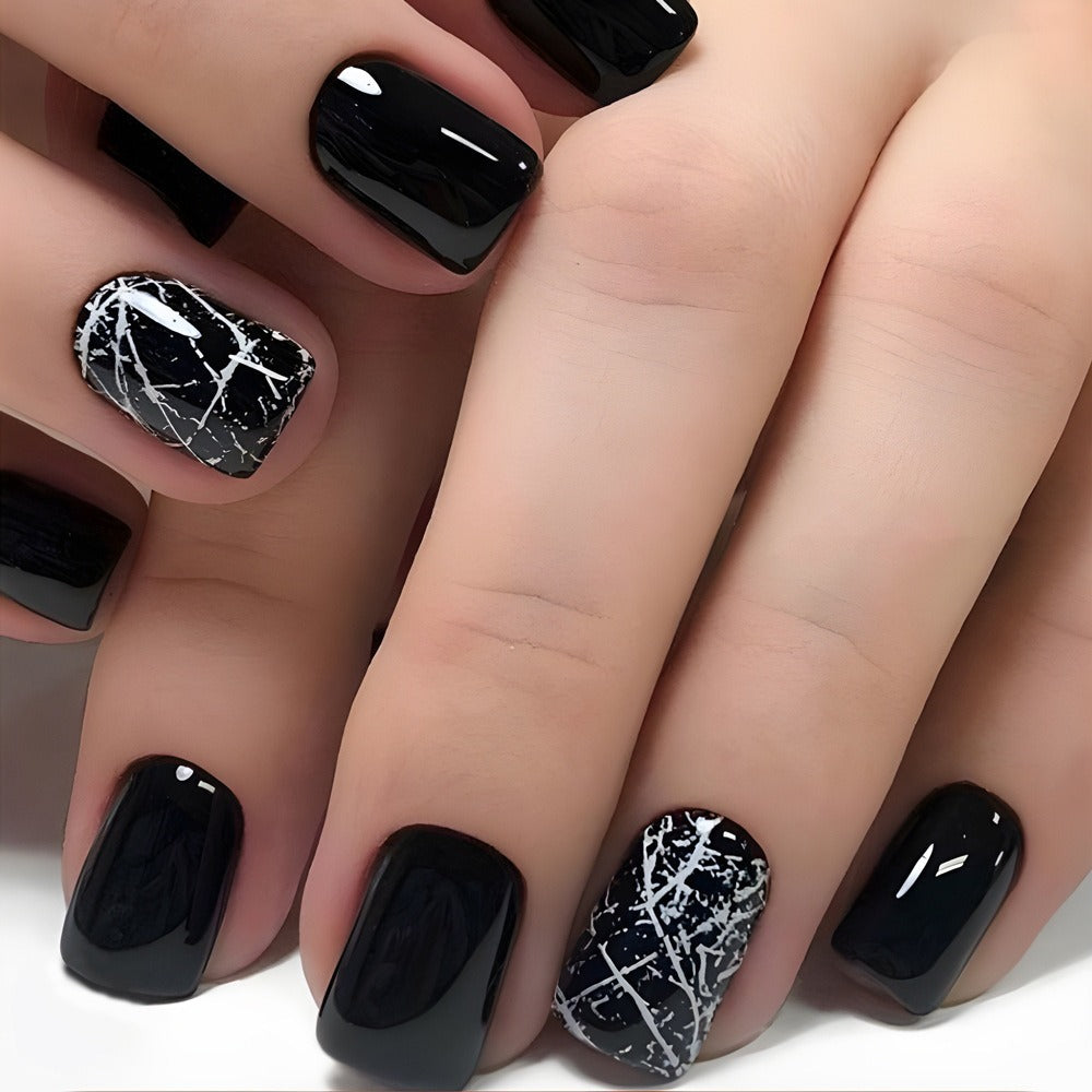 Black Press On Nails Short Square 96 Pieces – Ice Crack Crackle Design Glossy Full Cover Fake Nails for Women Girls | Edgy Alternative Nail Art Kit | Summer Party Concert Festival  - product image 8