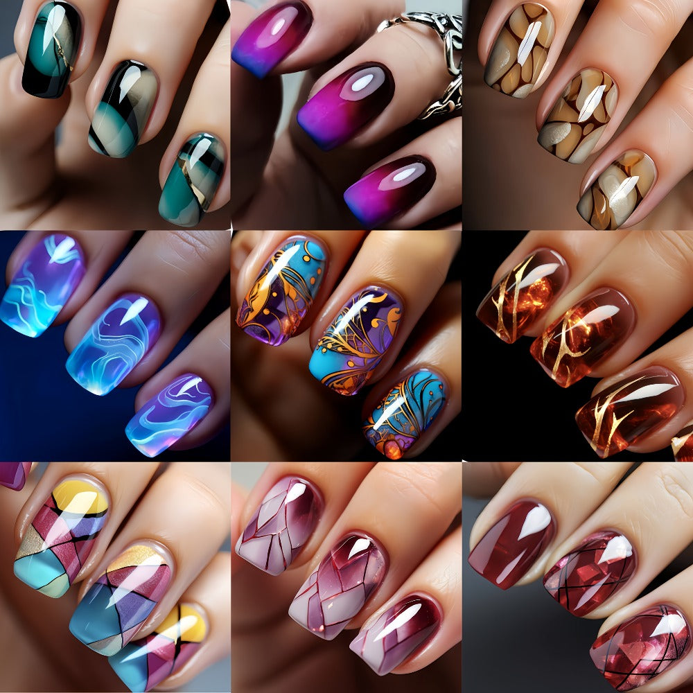 Marble Nails 216 Pieces 9 Packs Medium Square Glossy Press On Nails – Striped Gradient Flames Marble Designs Brown Blue Purple Reusable Full Cover Fake Nails for Women Girls - product image